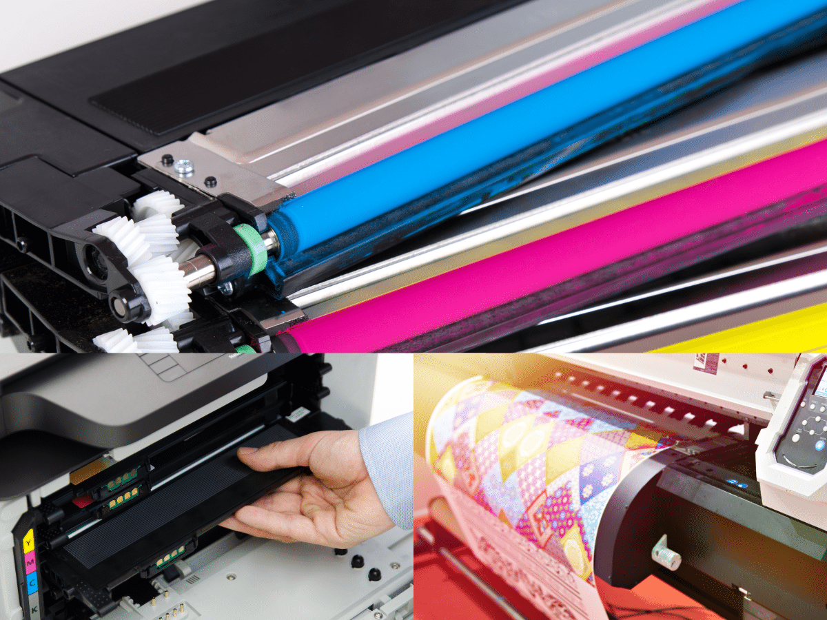 A variety of toner cartridges and large format media offered by LCS.